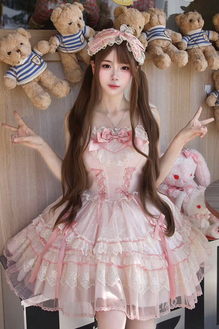 Magenta Sleeveless Ruffle Bow Lace Corset Sweet Jumper Dress - Candy House