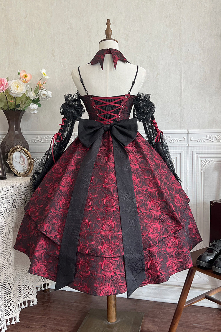 Black and Red Jacquard Print Gothic Lolita Dress with Lace-Up