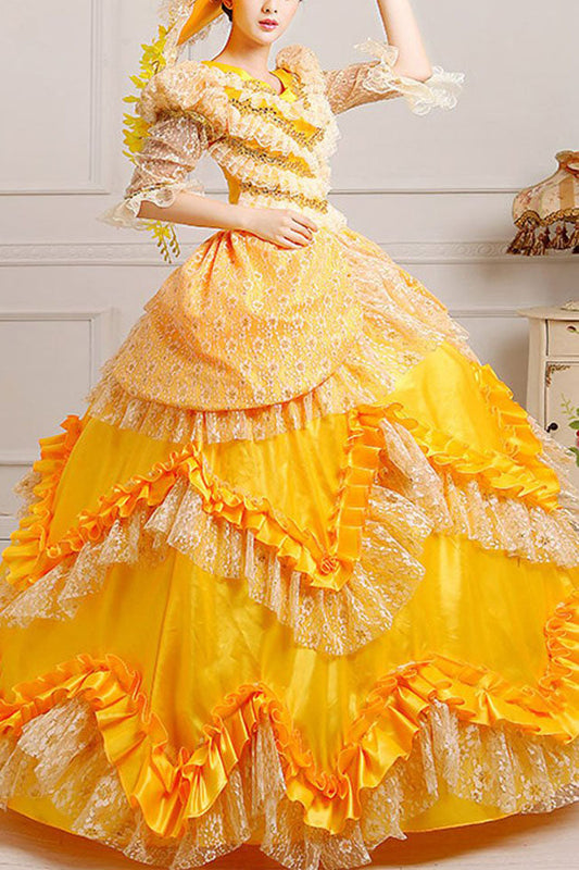 Yellow Lace Victorian Gown - High Waisted Ruffled Multi-Layer