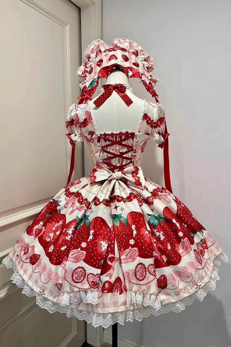 Dream to Strawberry Printed Short Sleeve Ruffle Bow Lace Sweet Lolita OP Dress in Four Colors
