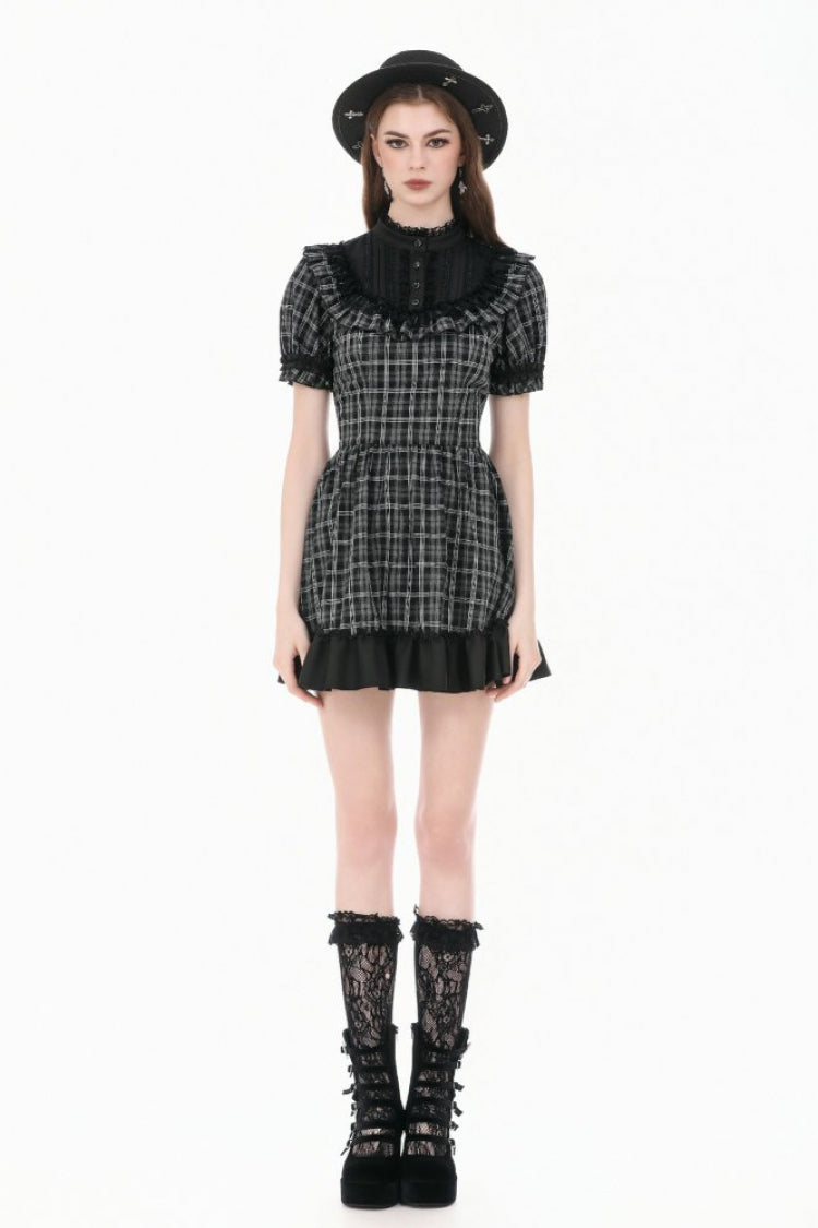 Monochrome Gothic Lolita Dress with Plaid, Stand Collar, and Lace-Up Front