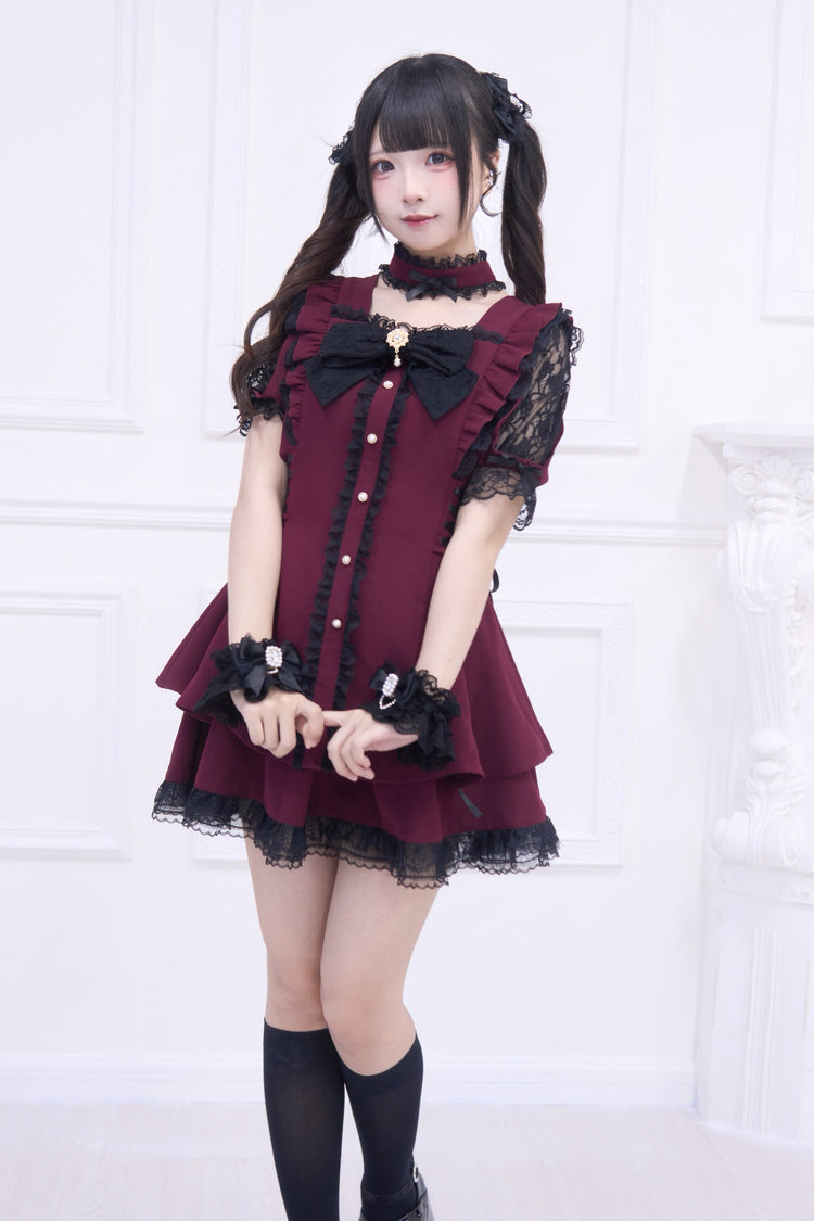 Scarlet Waltz Short Sleeve Ruffled Bow Gothic Jirai Kei Japanese Dress Set
