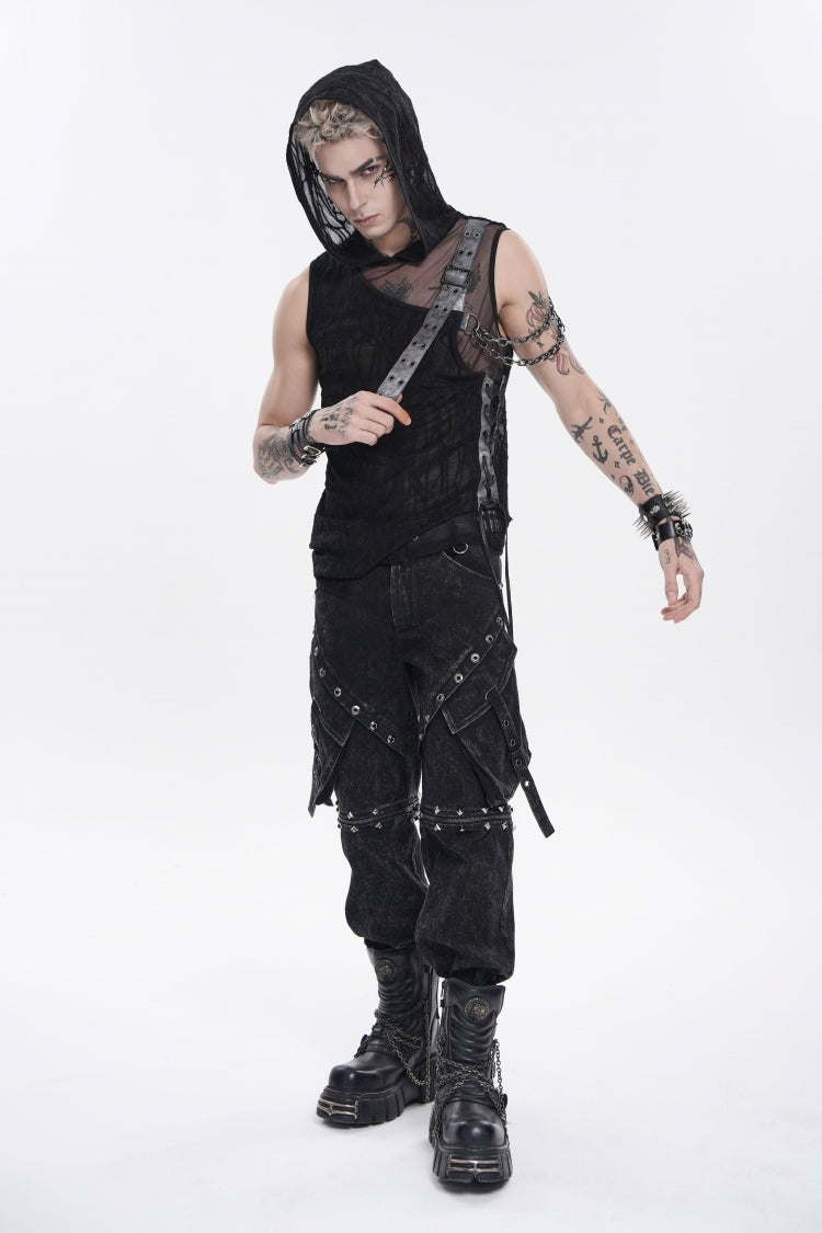 Men's Punk Hooded Vest with Sheer Asymmetric Chain-Decorated Design