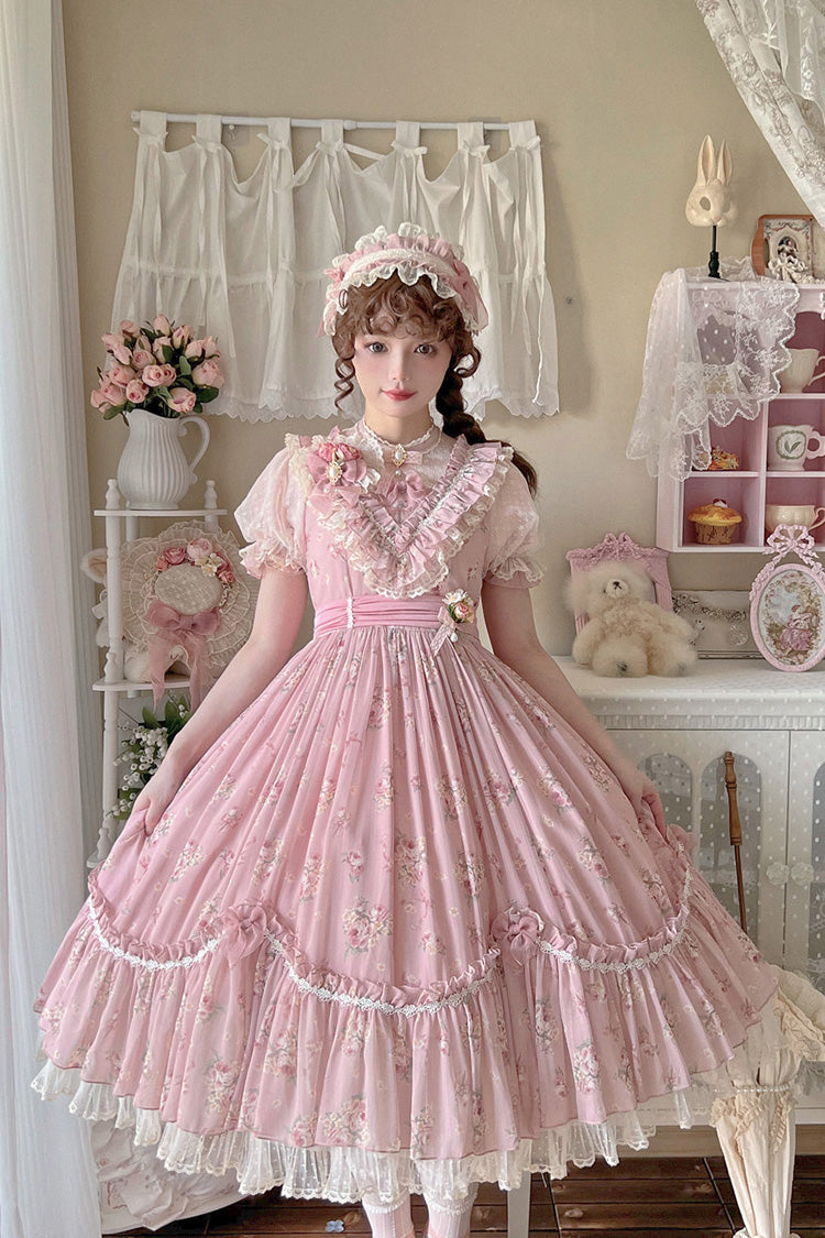 Daydream Rose Floral Jacquard Print Ruffle Embroidered Bow Sweet Lolita Dress in Three Shades