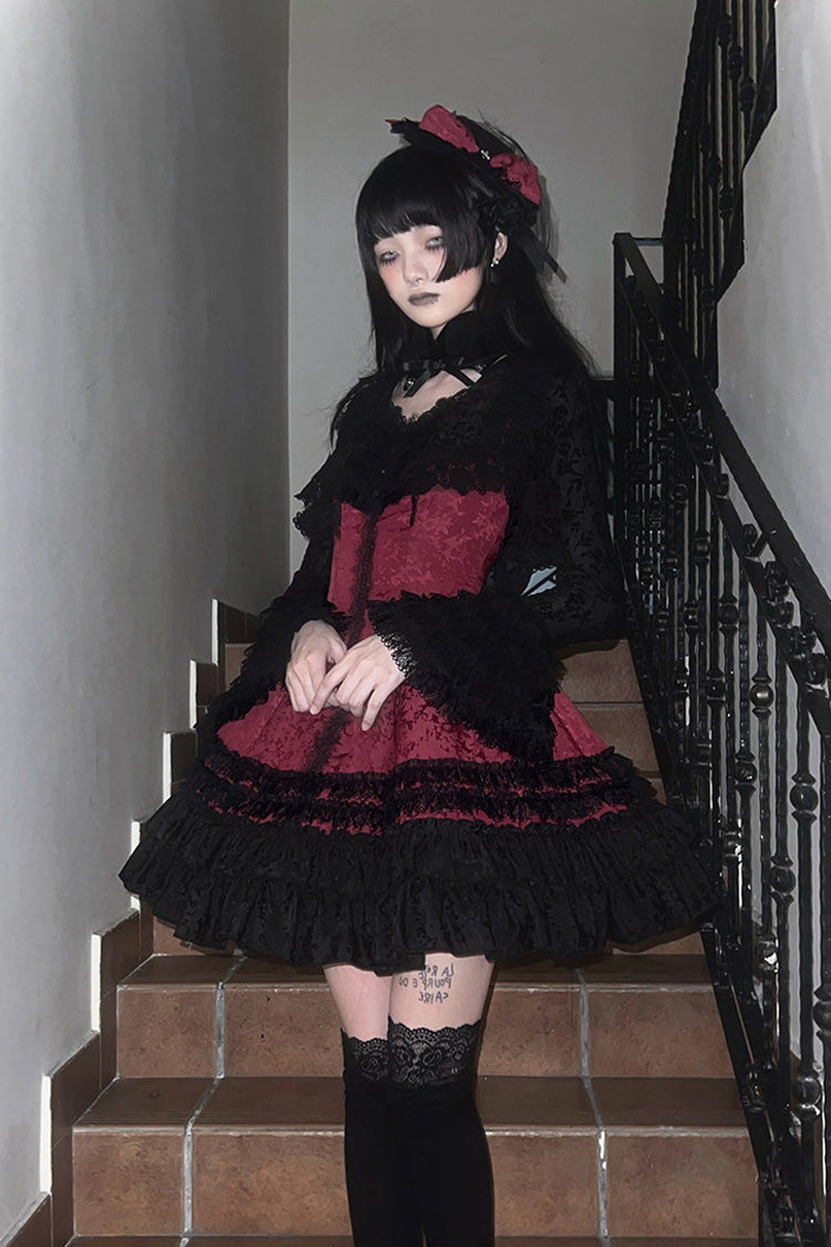 Escape Double-Layered Jacquard Striped Ruffled Slim Gothic Lolita Jumper Dress in Three Shades