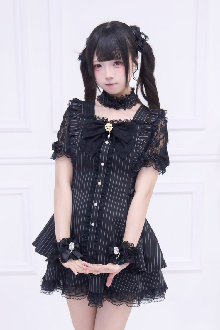 Noir Short Sleeve Striped Ruffle Bow Gothic Jirai Kei Set - Waltz