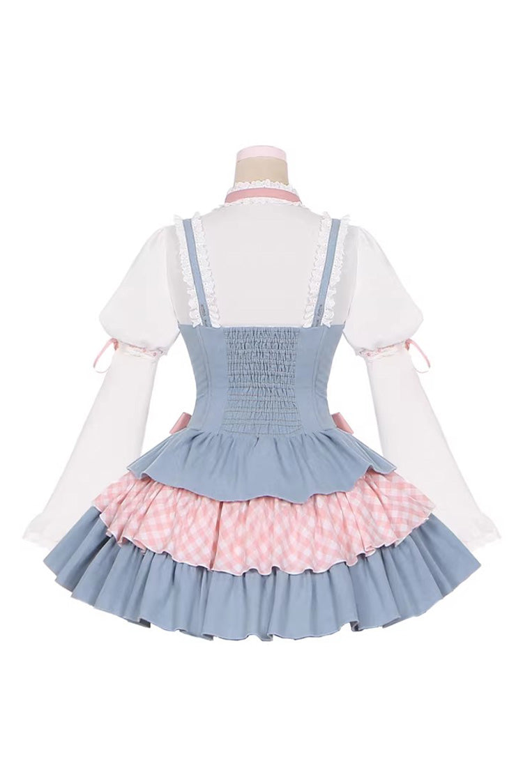 Blue Pink Rock Ballet Printed Triple-Layered Ruffled Bow Lace-Up Sweet Jsk Dress
