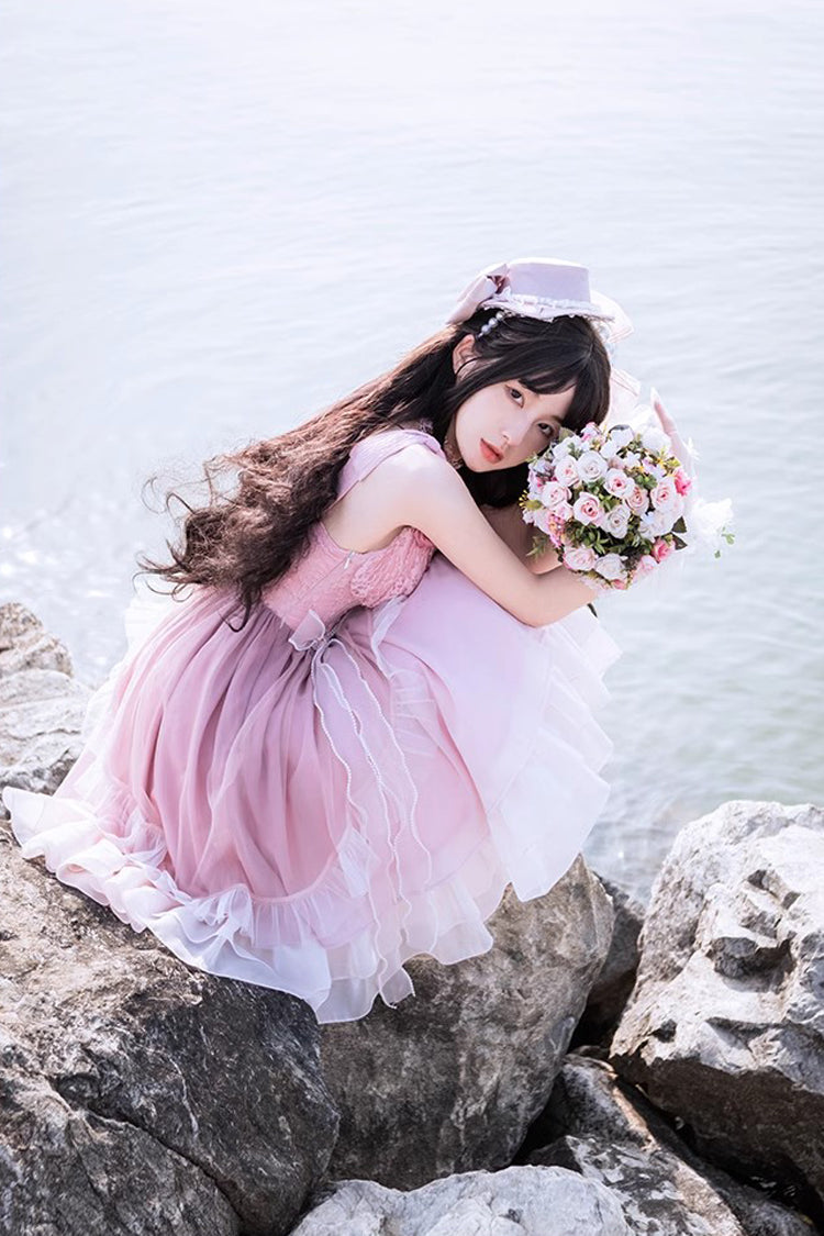 Gradient Pink Fish Bone Ballet Sweet JSK