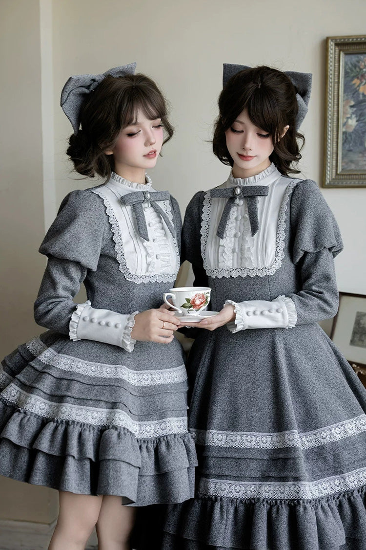 Ash Stand-Collar Ruffled Bow Lolita Gown with Poetry Motif