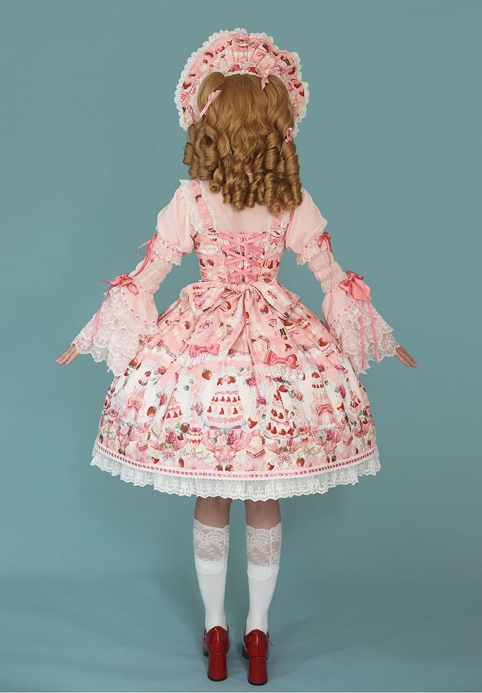 Accents Bow JSK Strawberry Print Full Sweet Set / Pink Desserts Lolita and