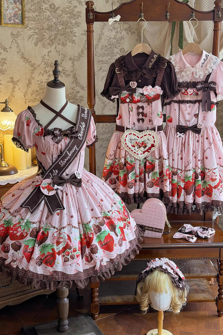 Rose Sleeveless Embroidered Bow Lace Lolita Strap Dress - Strawberry Chocolate Lover