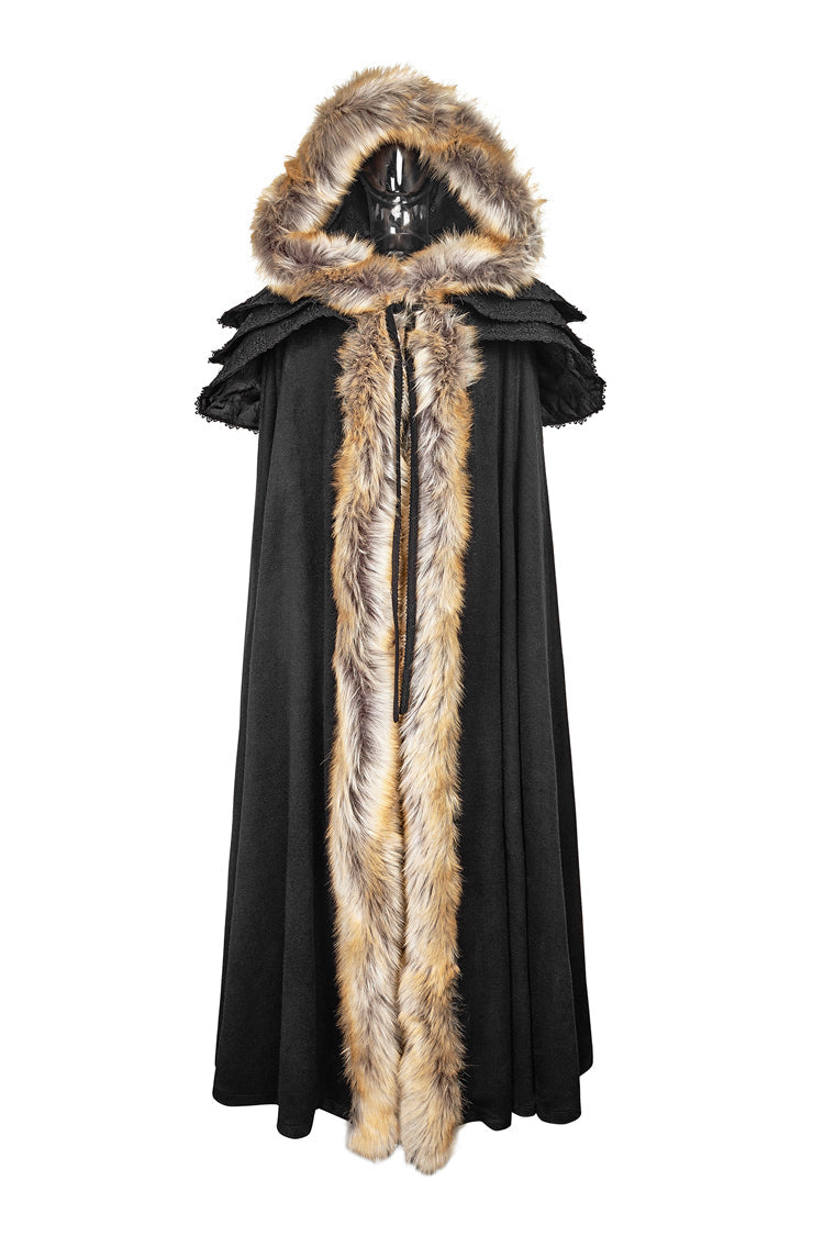 Women's Gothic Coat Cloak with Hooded Fur Collar Wool Long Design