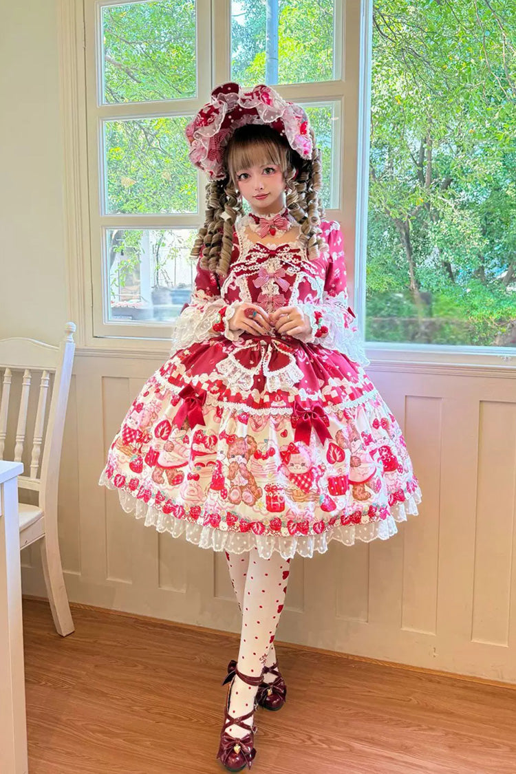 Scarlet Sweet Berry Bunny Bear Half Sleeve Printed Bow Lace Laced Sweet Lolita OP Dress