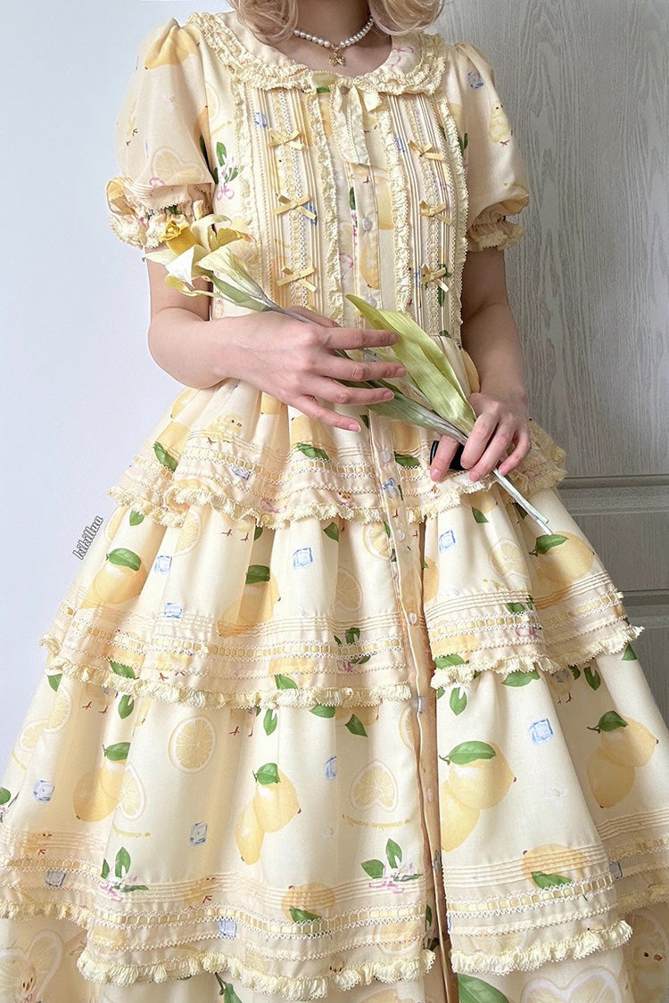 Triple-Layered Print Ruffled Bow Lace Sweet Gorgeous Lolita Dress - Yellow Lemon Chicken