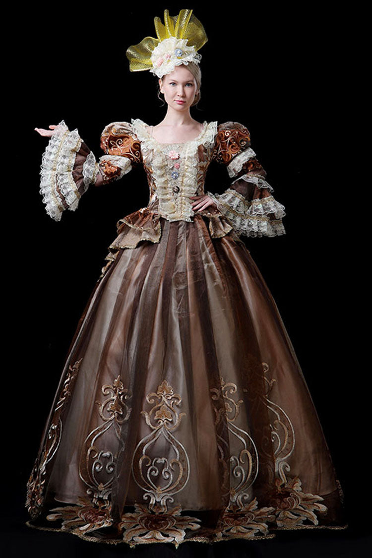 Coffee Victorian Prom Dress with Floral Embroidery and Trumpet Sleeves
