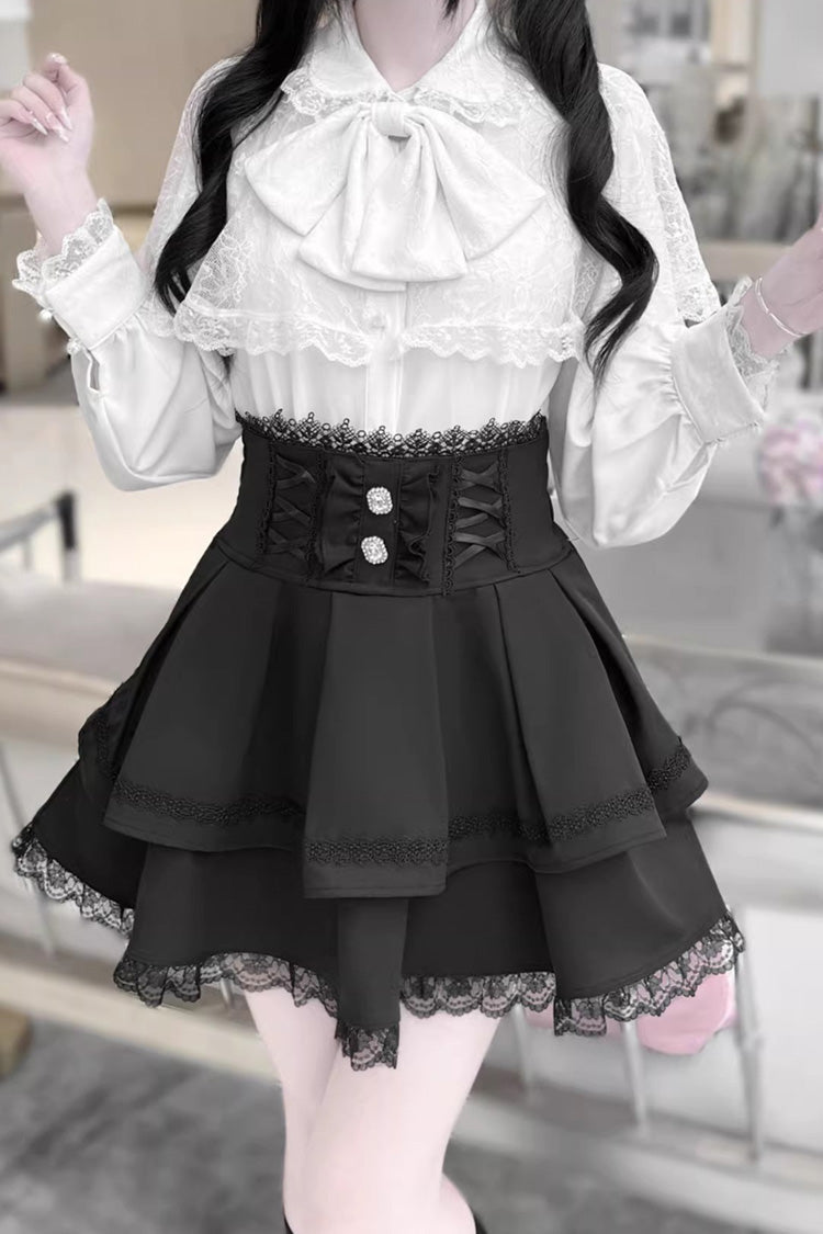 Dark Moon Shadow Double-Layered Ruffled Embroidered Bow Corset Gothic Jirai Kei Top and Skirt Set