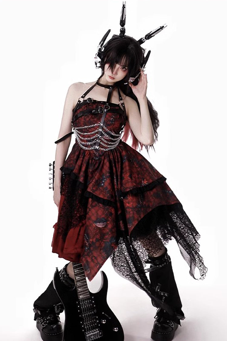 Crimson Bloody Strawberry Tears Print Sleeveless Frill Bow Lace Asymmetrical Gothic Lolita JSK