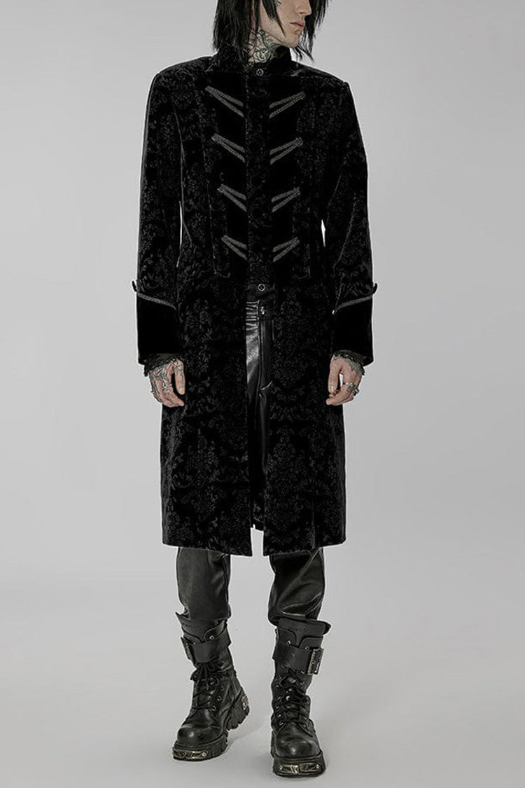 Velveteen Print Stand-Collar Lace-Trimmed Punk Long Coat