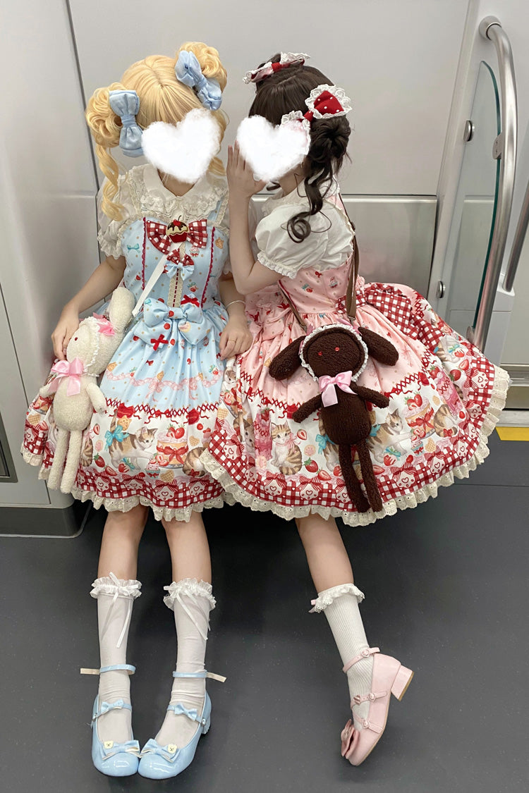 Strawberry Cake Kitty Sleeveless Printed Bow Lace Sweet Strap Dress