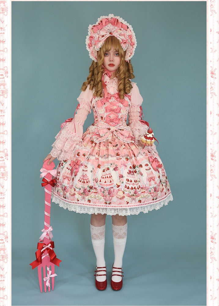 Accents Bow JSK Strawberry Print Full Sweet Set / Pink Desserts Lolita and