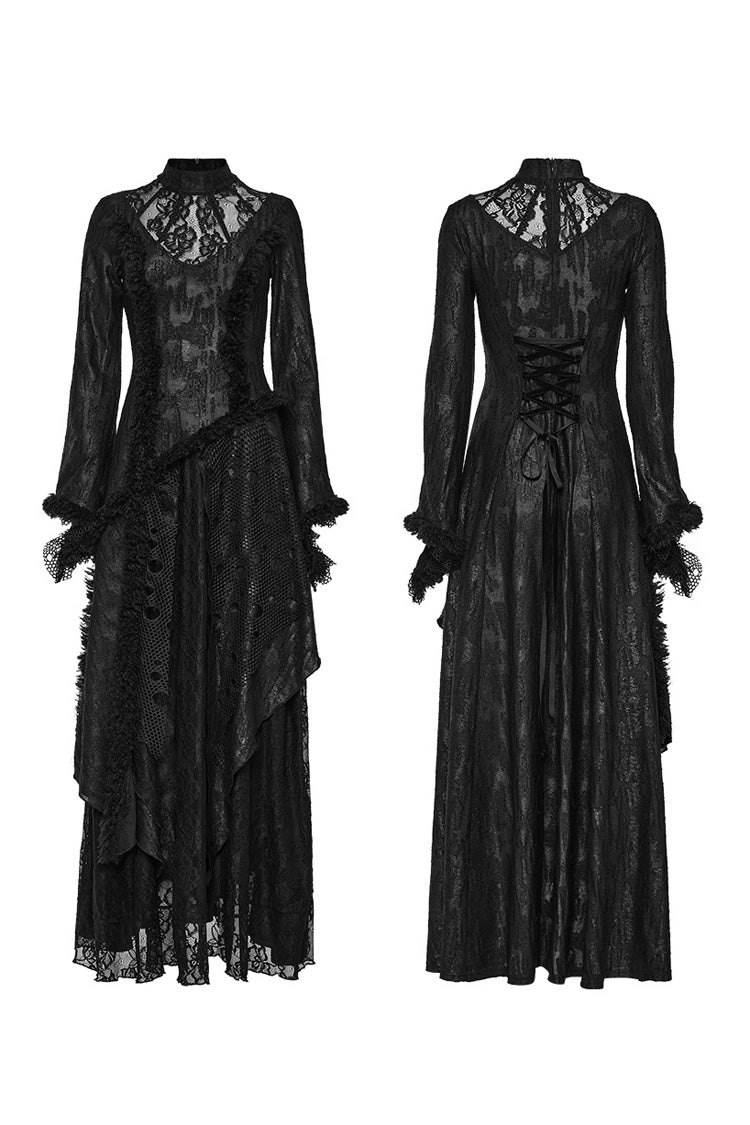 Ebony Long Bell Sleeves Cutout Stitching Lace Mesh Gothic Gown