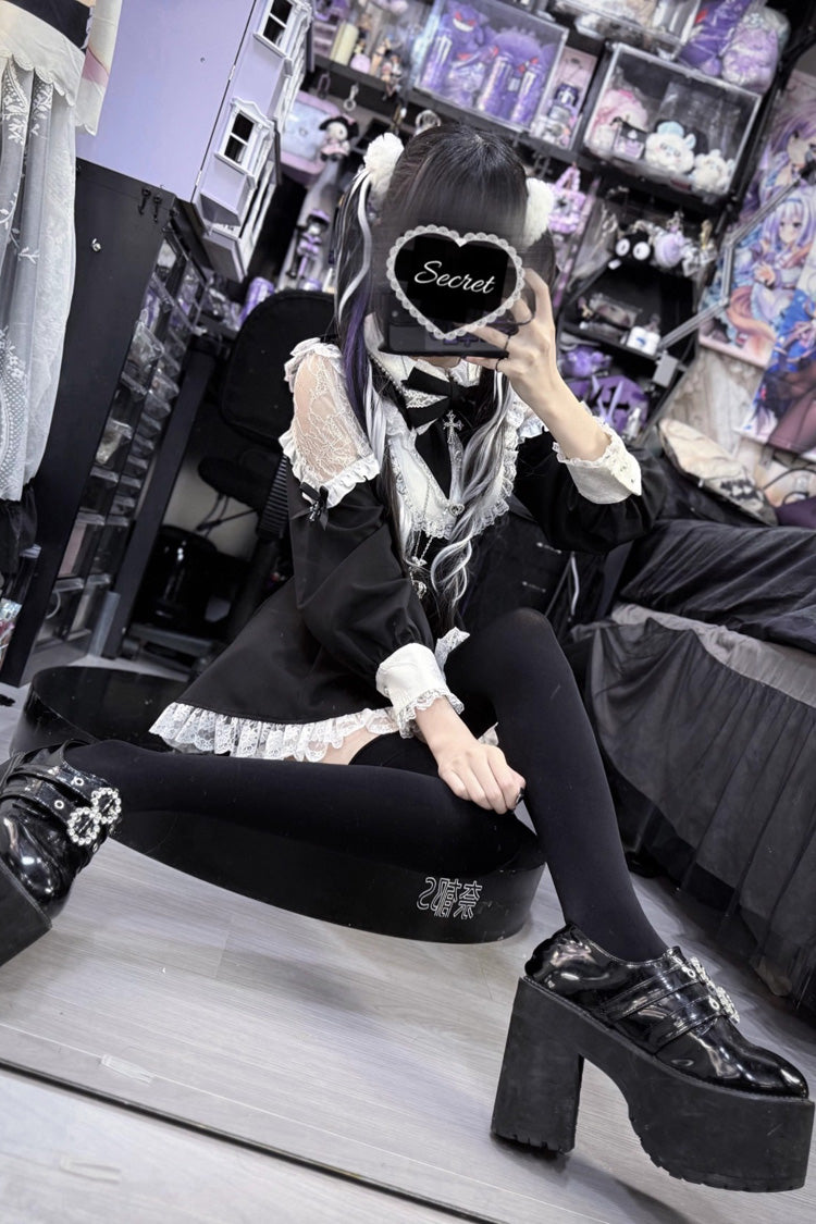 Black White Long Sleeve Hollow Bow Lace Lace-Up Sweet Jirai Kei Shorts Set