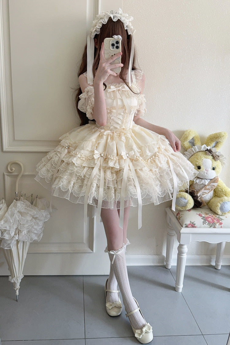 Peach Sleeveless Layered Ruffle Bow Lace Corset Ballet Jumper Dress - Ribbon Heart Love