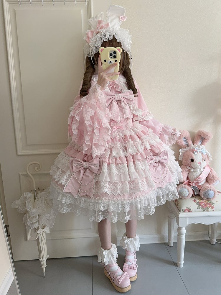 Lolita Dress Pink Bows Bead Big Skirt Chain Hanayome Tiered Decoration