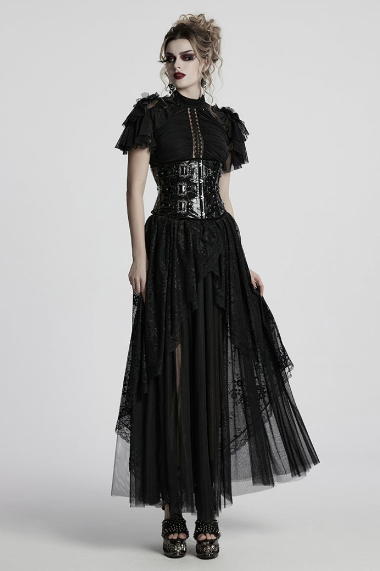 Black Short Sleeves Ruffle Stitching Lace Gothic Layered Ball Gown
