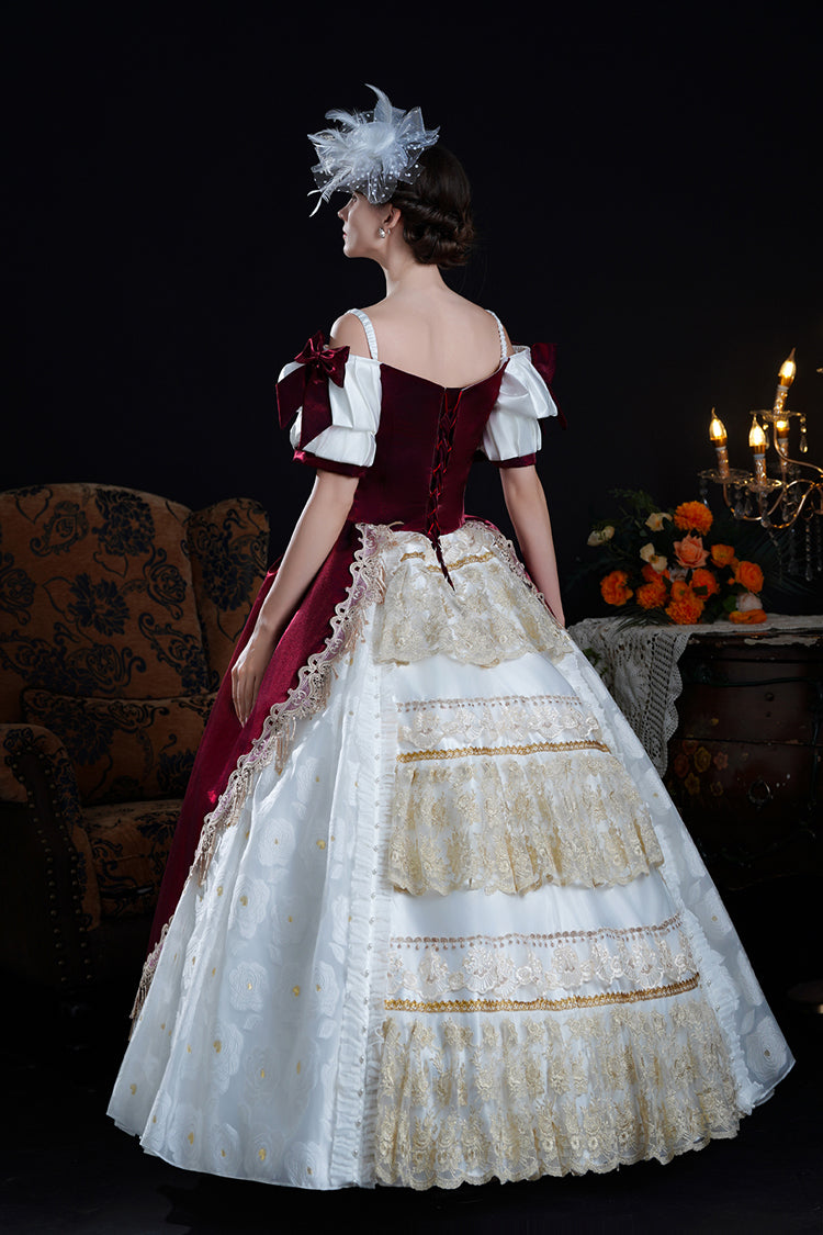 Crimson Apricot Off-Shoulder Short Sleeve Ruffled Cardigan Bow Lace Classic Victorian Lolita Dress