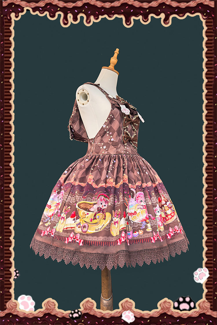 Hooded Strap Dress with Print and Bow in 3 Shades - Cream Meow