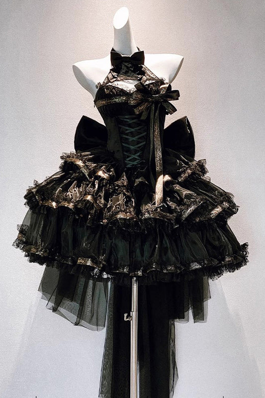 Black First Kiss Halterneck Triple-Layered Ruffle Lace Gothic Princess