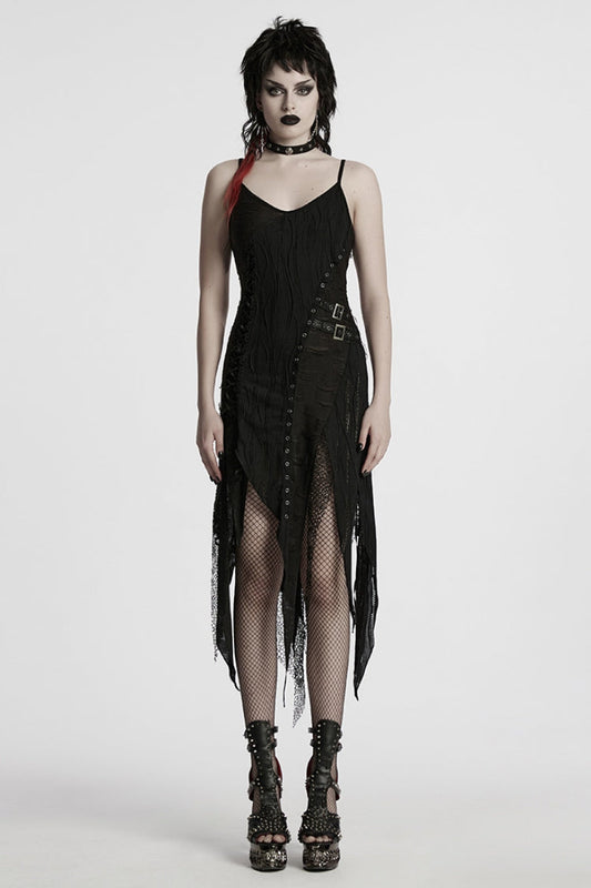 Black Sleeveless Lace Asymmetrical Ripped Gothic Party Slip Dress