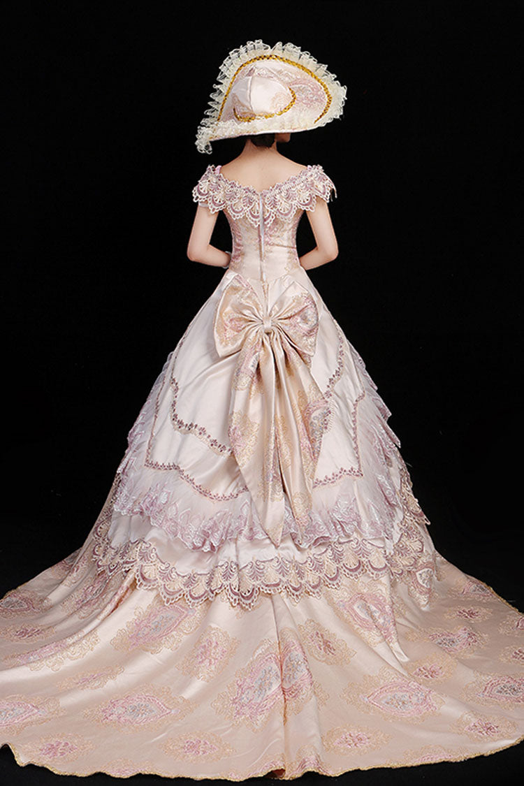 Pink Victorian Dress with Boat Neck and Floral Embroidery - Altfashion Shop