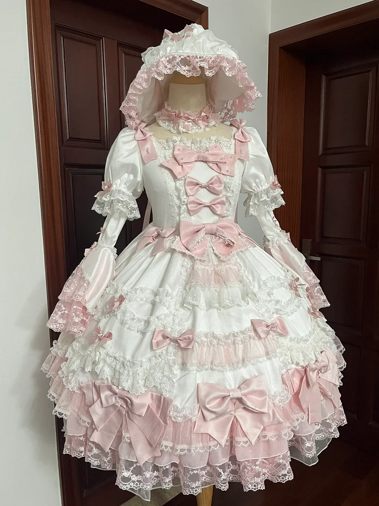 High Sweet Accents White Lolita Detachable Pink Bow Princess Sakura Sleeves Dress with Waist