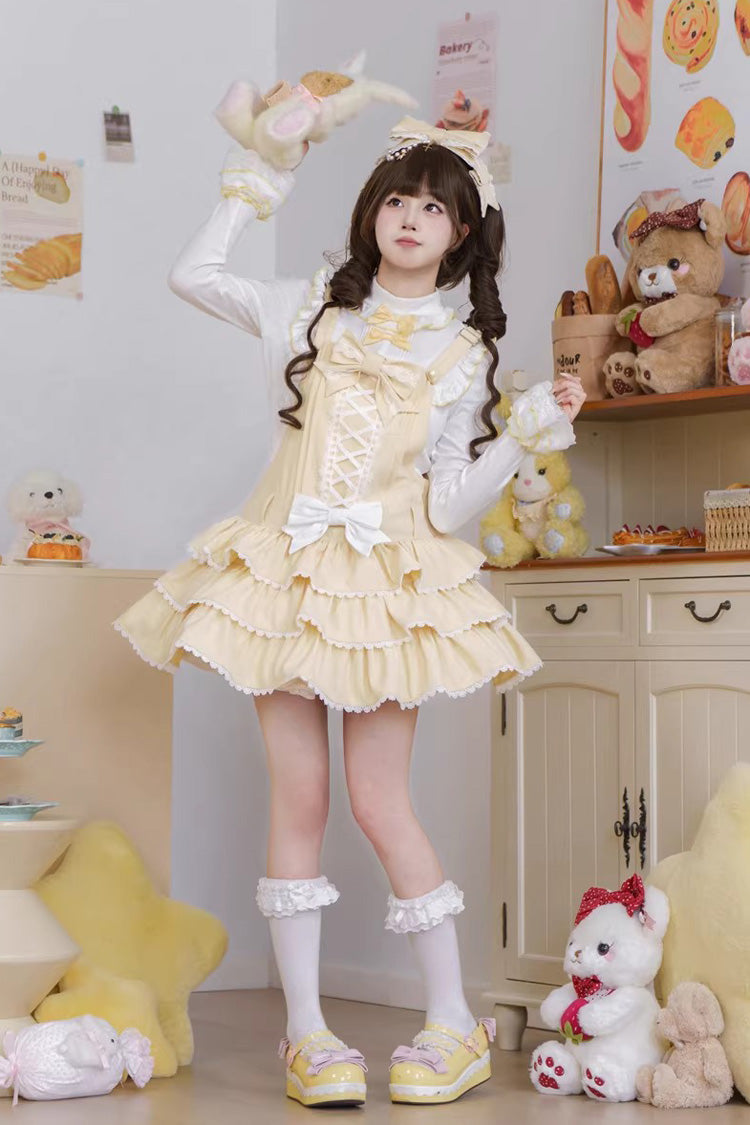 Yellow Nostalgic Showa Custard Cream Puff Sleeveless Triple-Layered Ruffled Bow Lace-Up Tiered Cake Sweet Jsk Dress
