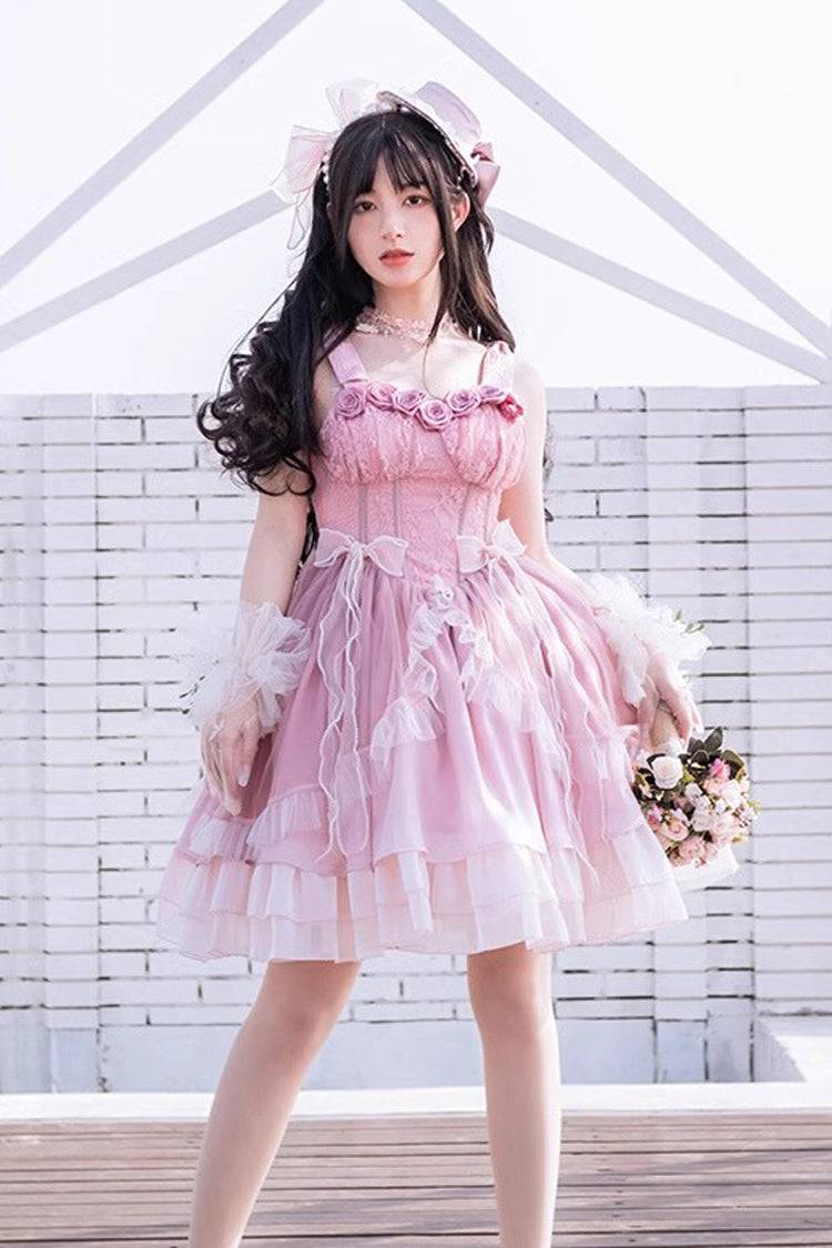 Gradient Pink Fish Bone Ballet Sweet JSK