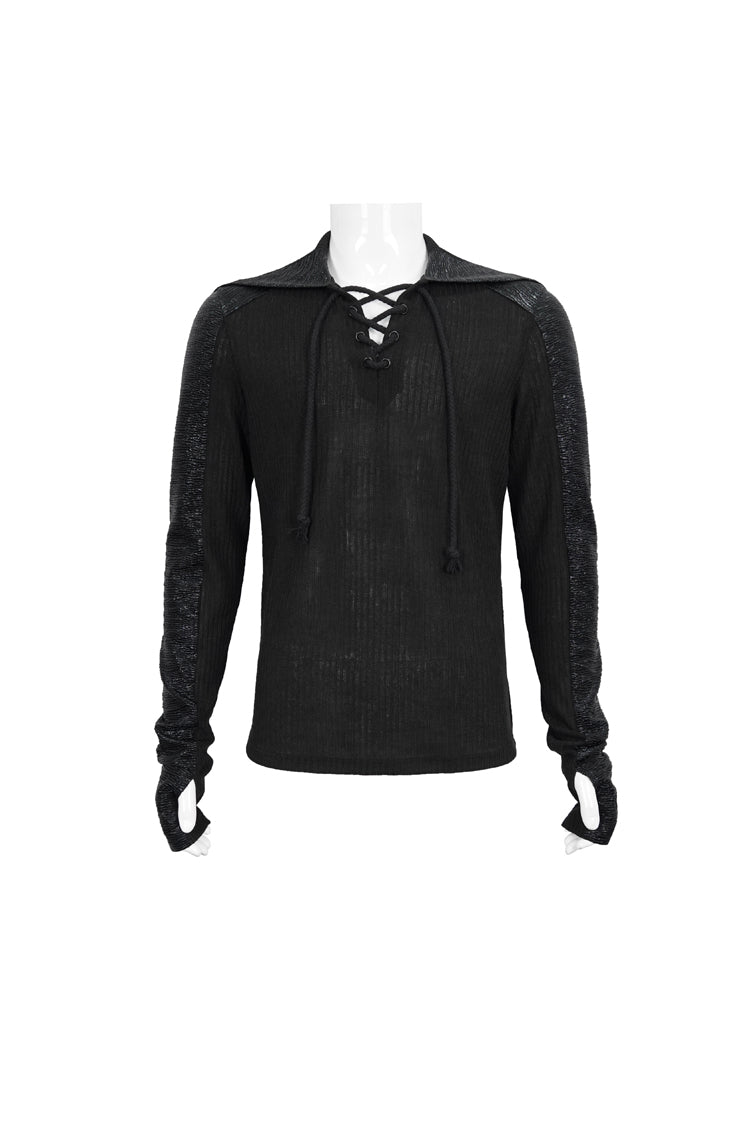 Dark V-Neck Knit Hooded Punk Tee with Tether Design