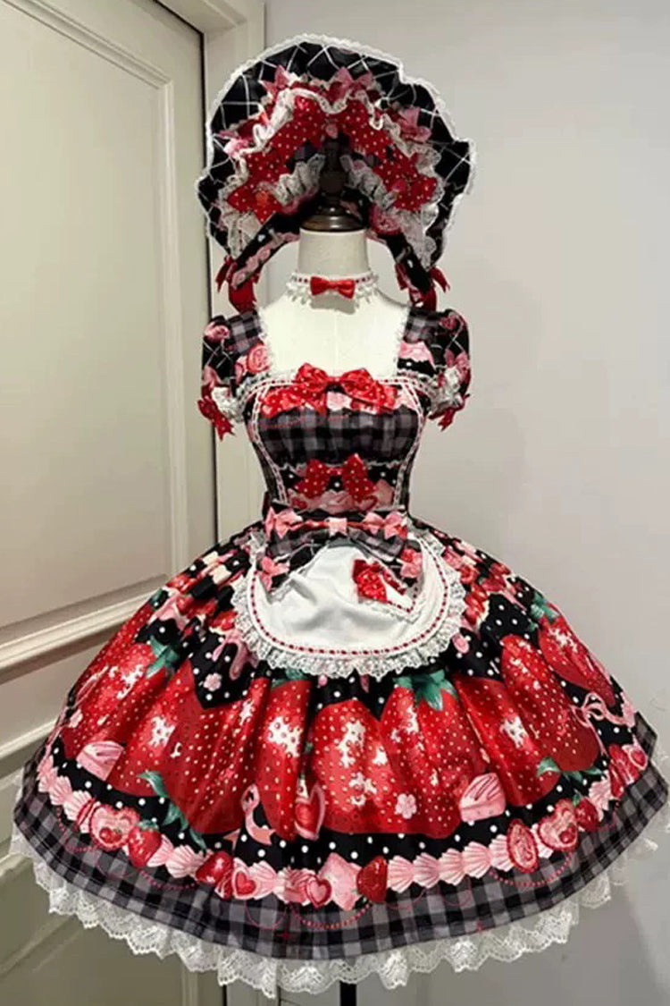 Dream to Strawberry Print Short Sleeve Ruffled Bow Lace Sweet Lolita OP Dress - 4 Colors