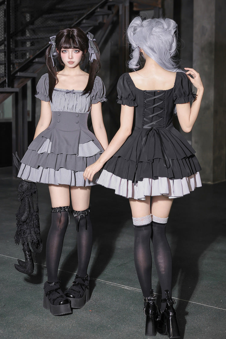 Halterneck Square Collar Ruffled Lolita Dress Set - Black/Grey