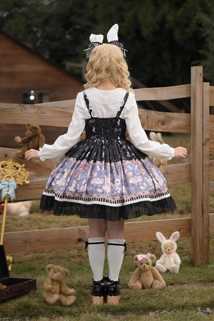 Black Alice’s Fantasy Tale Square Collar Sleeveless Printed Bow Gothic Dress