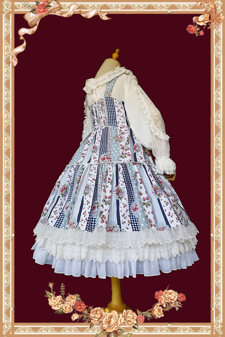 Light Blue Sweet Lolita Dress with Strawberry Plaid Print and Bowknot