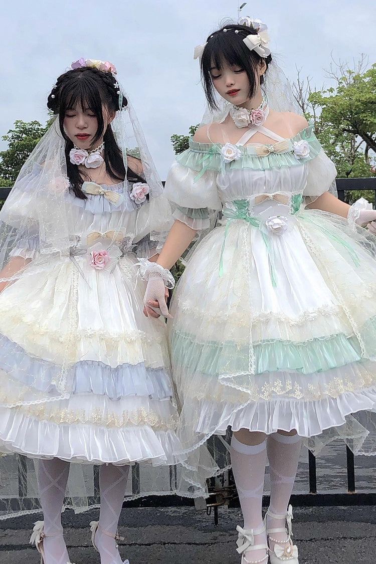 Princess Lolita Dress with Multi-Layer Ruffles, Bowknot, Lace-Up, Grey/Blue