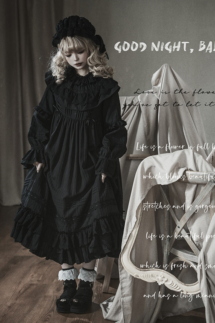 Black Good Night Long Sleeve Double-Layered Ruffle Bowknot Holy Dress