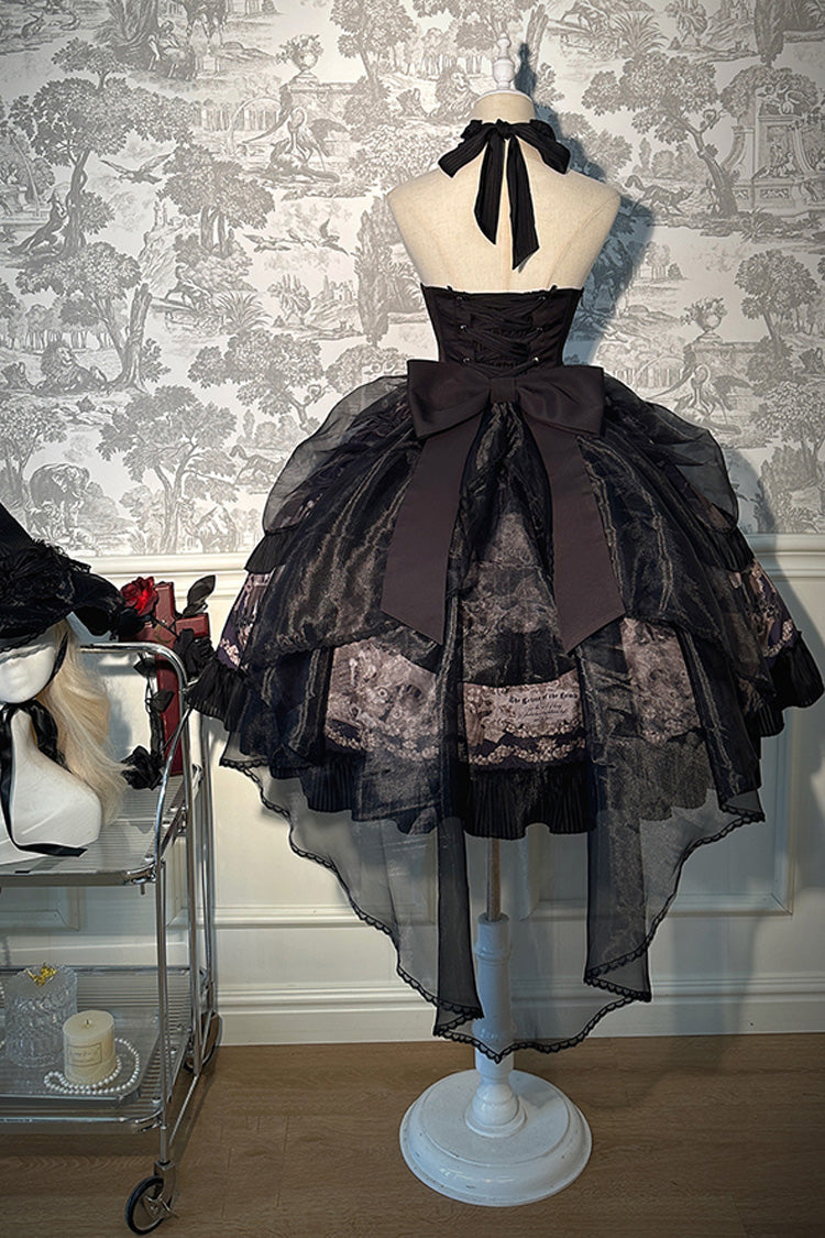 Noir Halter Neck Printed Ruffle Bow Drawstring Gothic Dress - The Mystery of The Doll