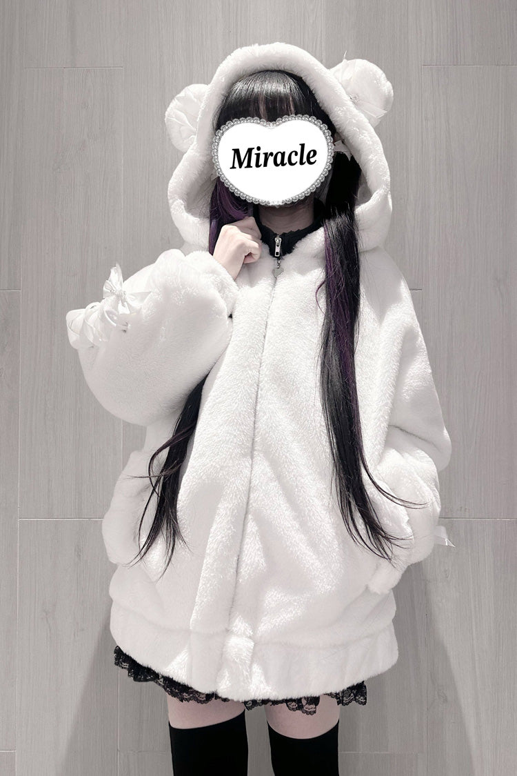Bear Ears Long Sleeves Bow Lace-Up Hooded Zippered Sweet Jirai Kei Coat