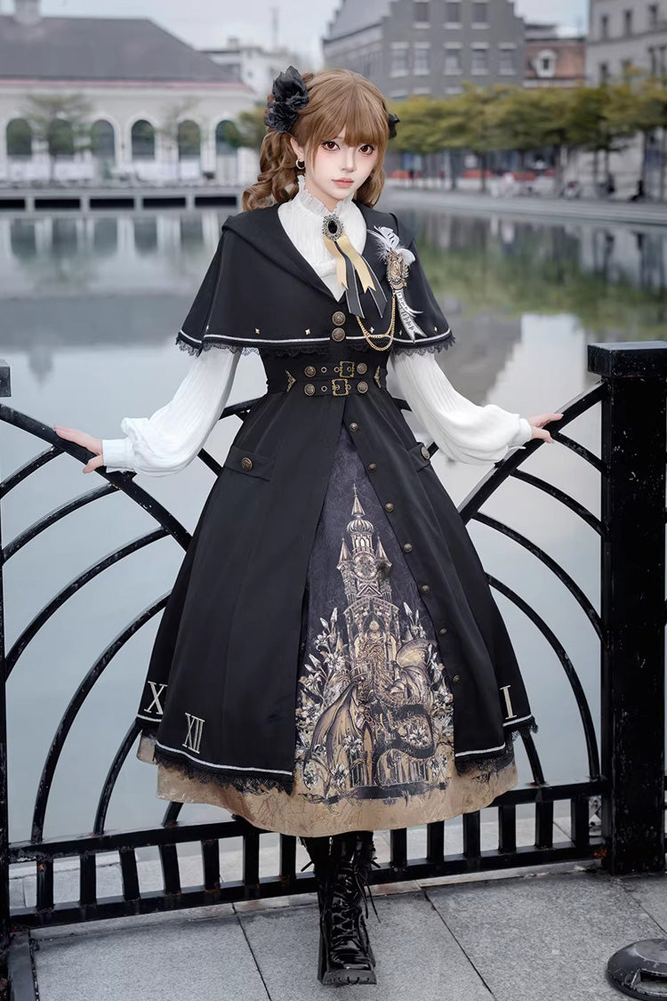 Long Sleeves Printed Embroidered College Style Gothic Vintage Lolita Dress Three-Piece Set - Dragon’s Aria