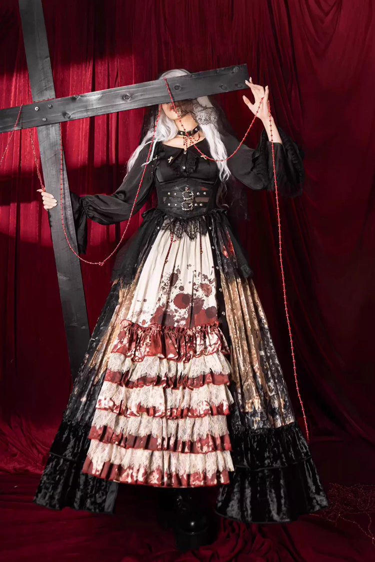Sleeveless Multi-Layered Printed Ruffled Open-Front Gothic Plus Size Lolita Strap Dress