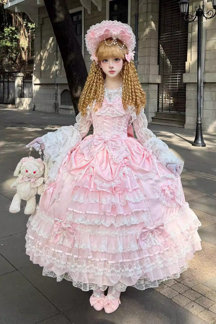 Pink Ode of the Curtain Multi-Layered Ruffled Hanayome Open-Front Bow Lace Lace-Up Sweet Long Jsk Dress