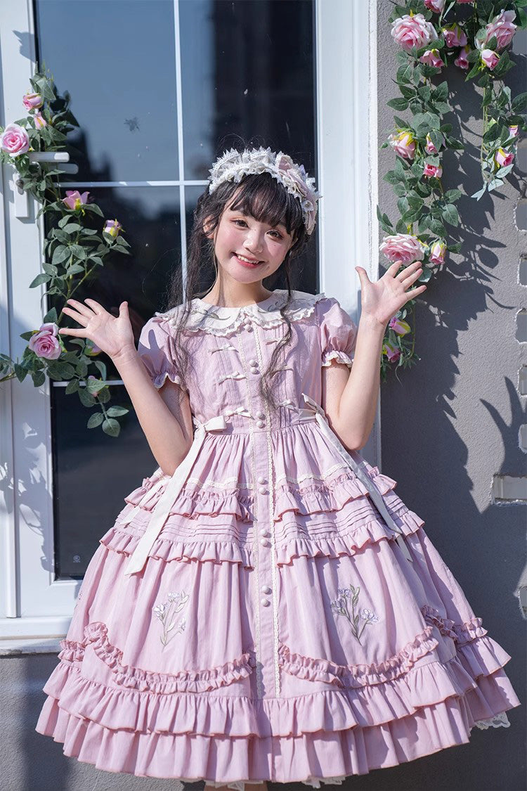 Pink Doll Collar Dress with Iris Embroidery - Sweet
